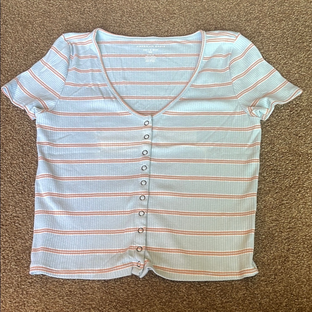 American Eagle Outfitters Light Blue, brown and white V-Neck Button Down Shirt